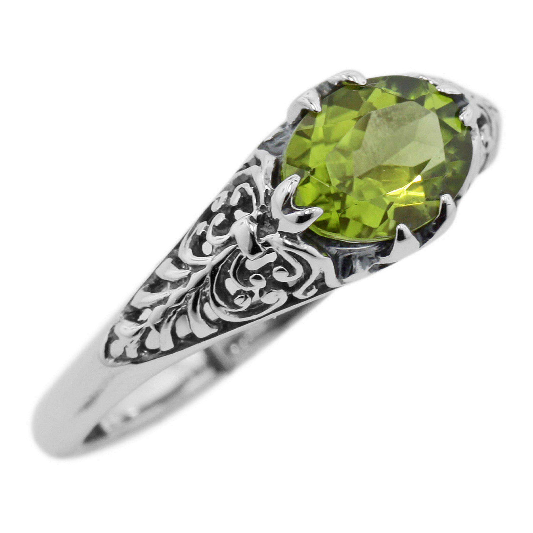 Antique style, Peridot, sterling silver rings, front view