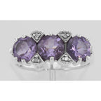 Detail view of Art Deco Style 3 Stone Amethyst Diamond Filigree Ring highlighting Amethyst, Diamond