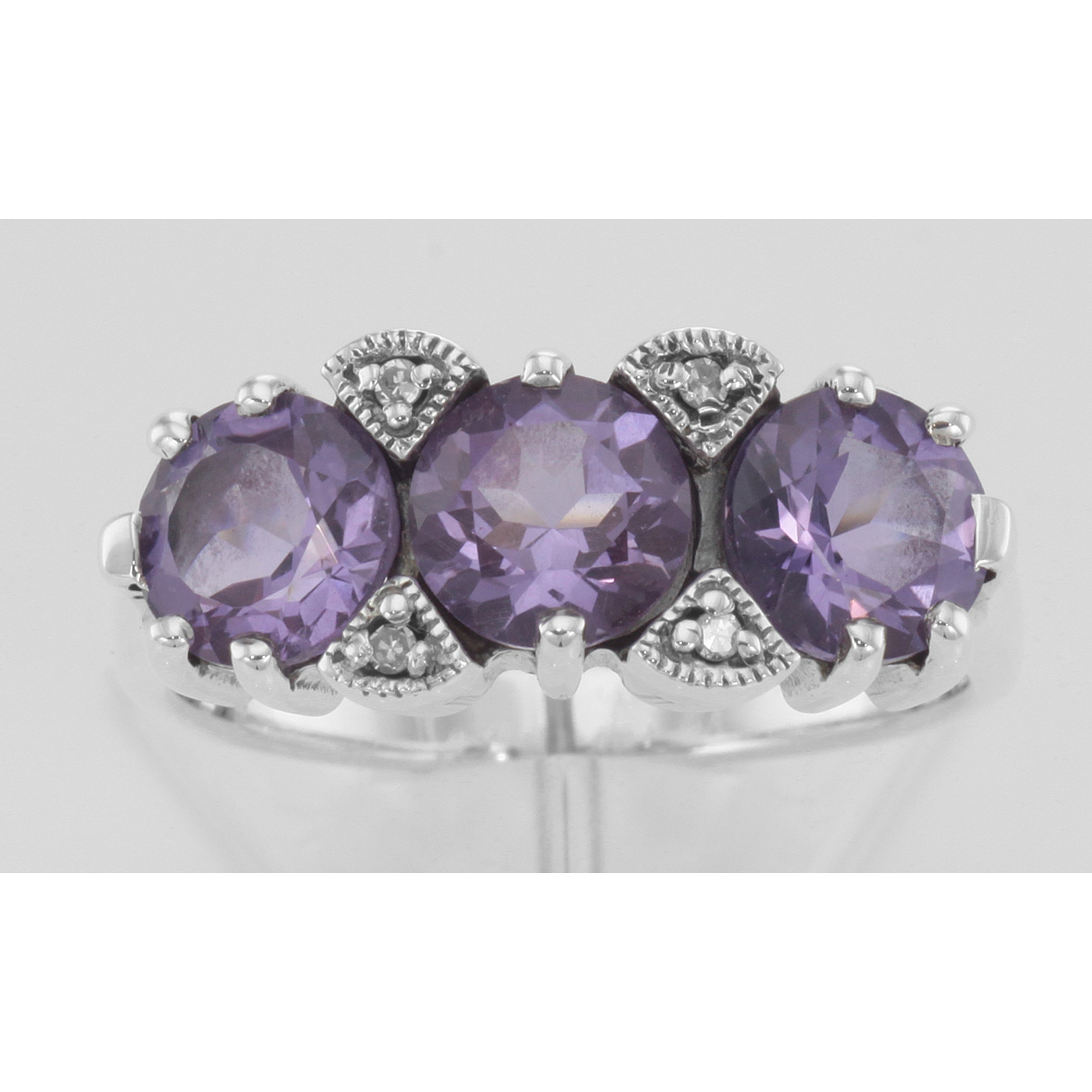 Detail view of Art Deco Style 3 Stone Amethyst Diamond Filigree Ring highlighting Amethyst, Diamond