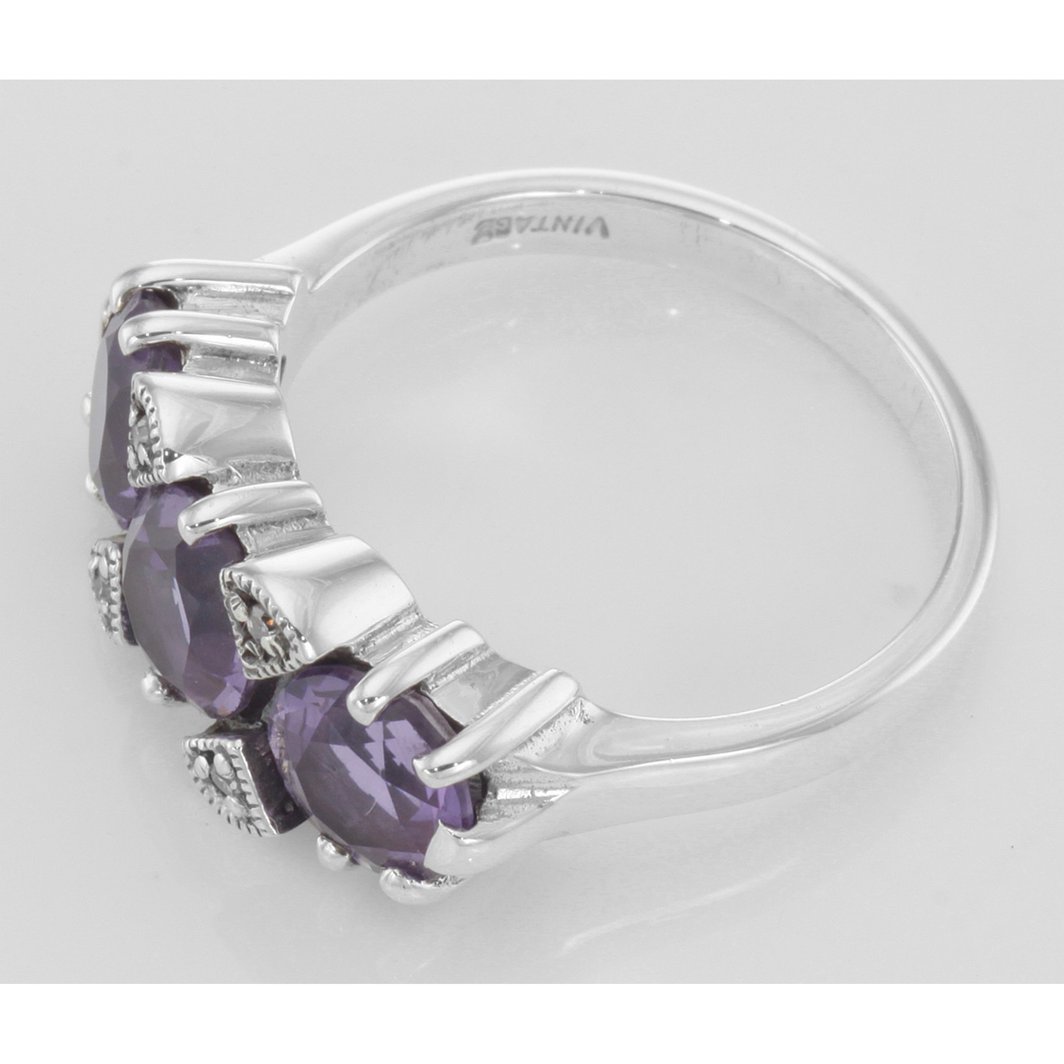 Back view of Art Deco Style 3 Stone Amethyst Diamond Filigree Ring showing 925 sterling silver hallmark