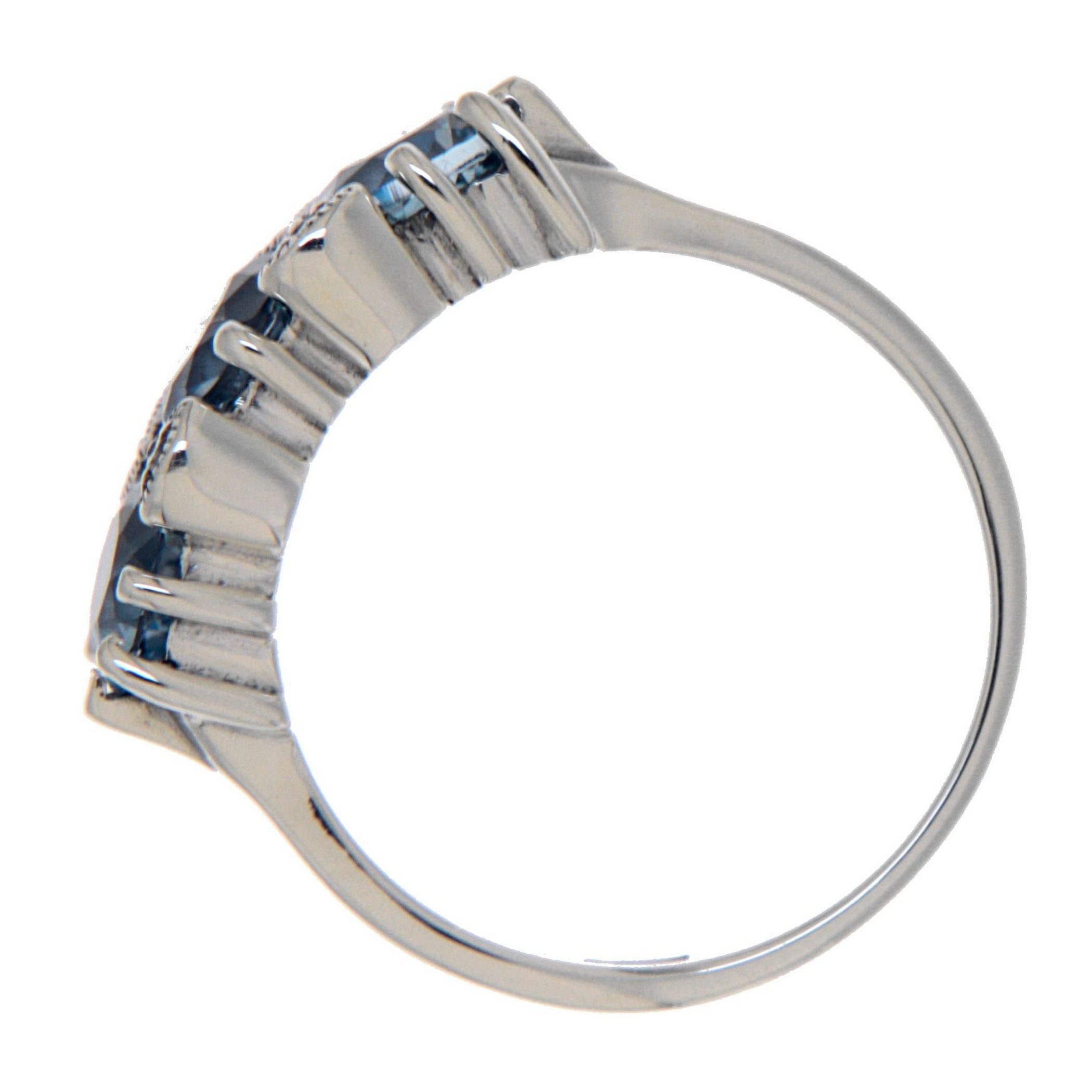 Back view of Lovely Art Deco Style 3 Stone Blue Topaz Diamond Ring showing 925 sterling silver hallmark