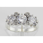 Detail view of Lovely Art Deco Style 3 Stone White Topaz and Diamond Ring Sterling Silver highlighting White Topaz, Diamond