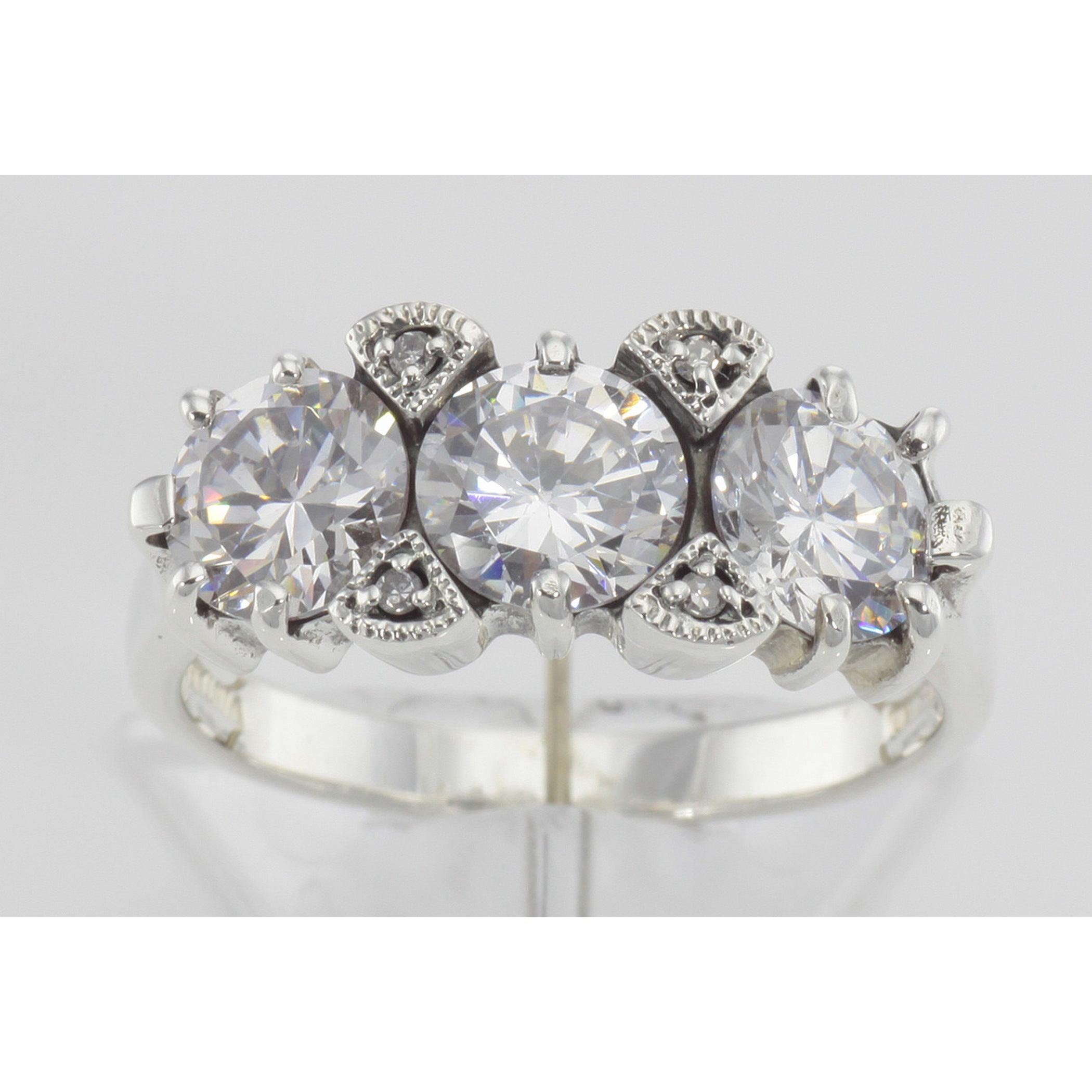 Detail view of Lovely Art Deco Style 3 Stone White Topaz and Diamond Ring Sterling Silver highlighting White Topaz, Diamond