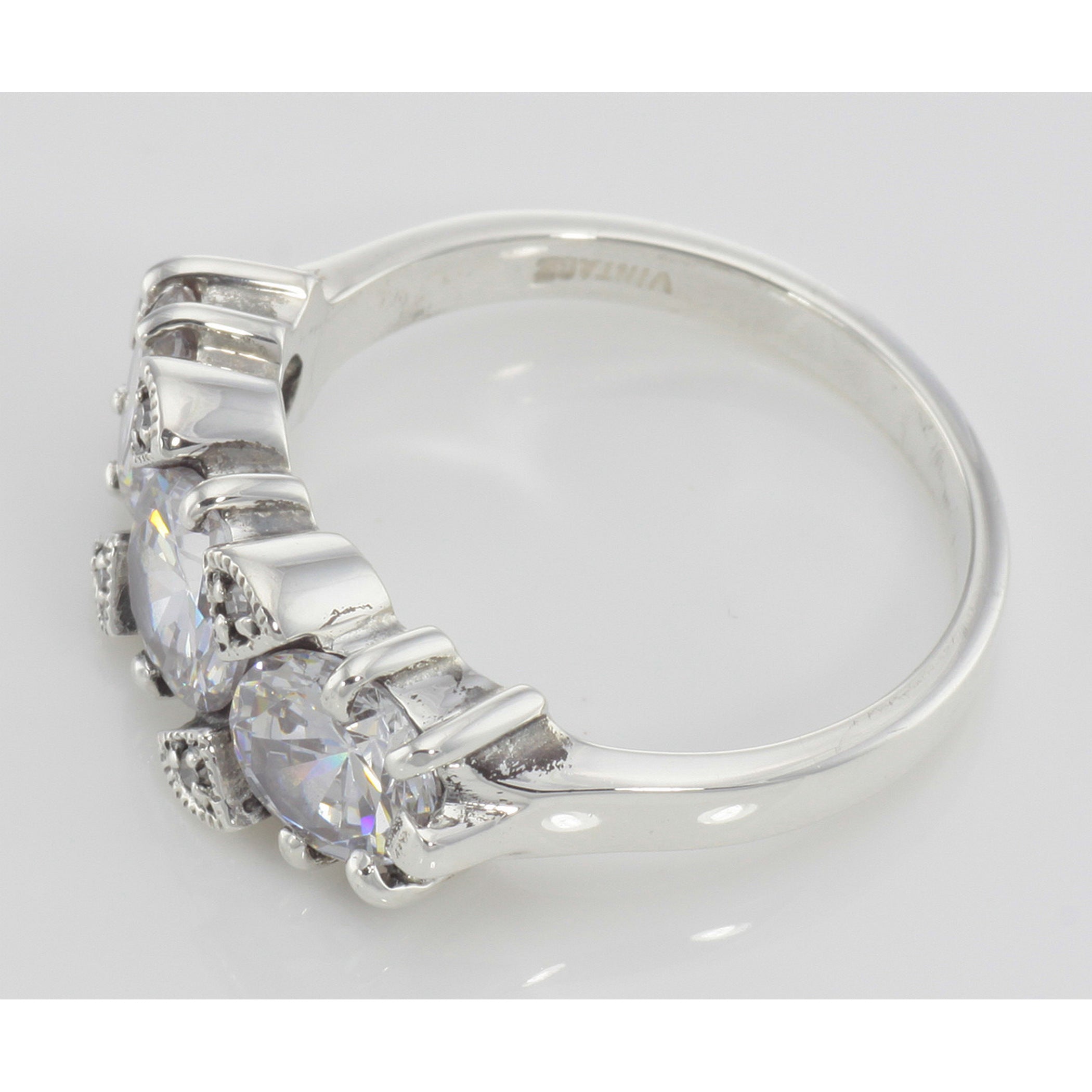 Back view of Lovely Art Deco Style 3 Stone White Topaz and Diamond Ring Sterling Silver showing 925 sterling silver hallmark