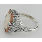 Detail view of Hand Carved Italian Shell Cameo Filigree Ring highlighting design details