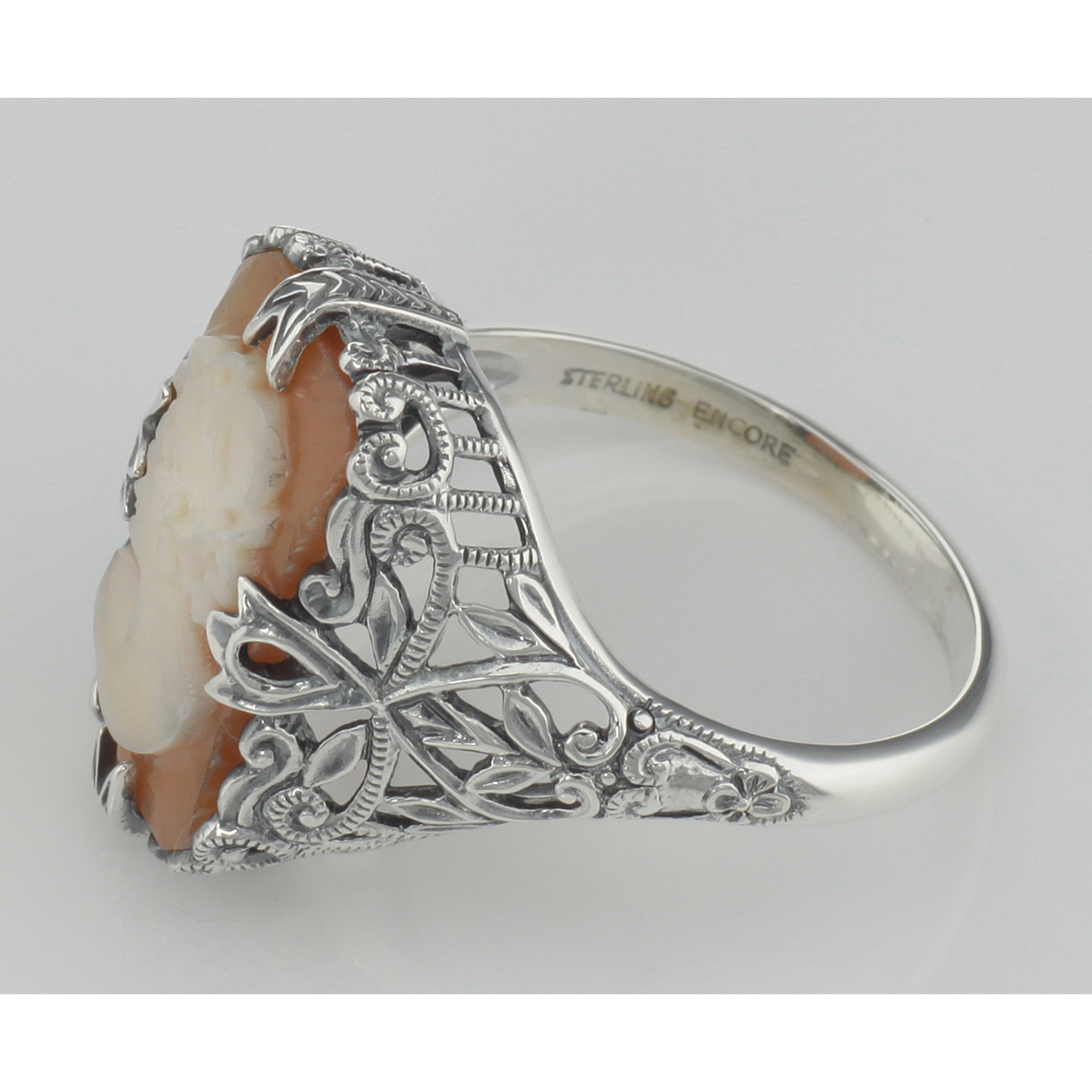 Detail view of Hand Carved Italian Shell Cameo Filigree Ring highlighting design details