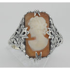 Back view of Hand Carved Italian Shell Cameo Filigree Ring showing 925 sterling silver hallmark