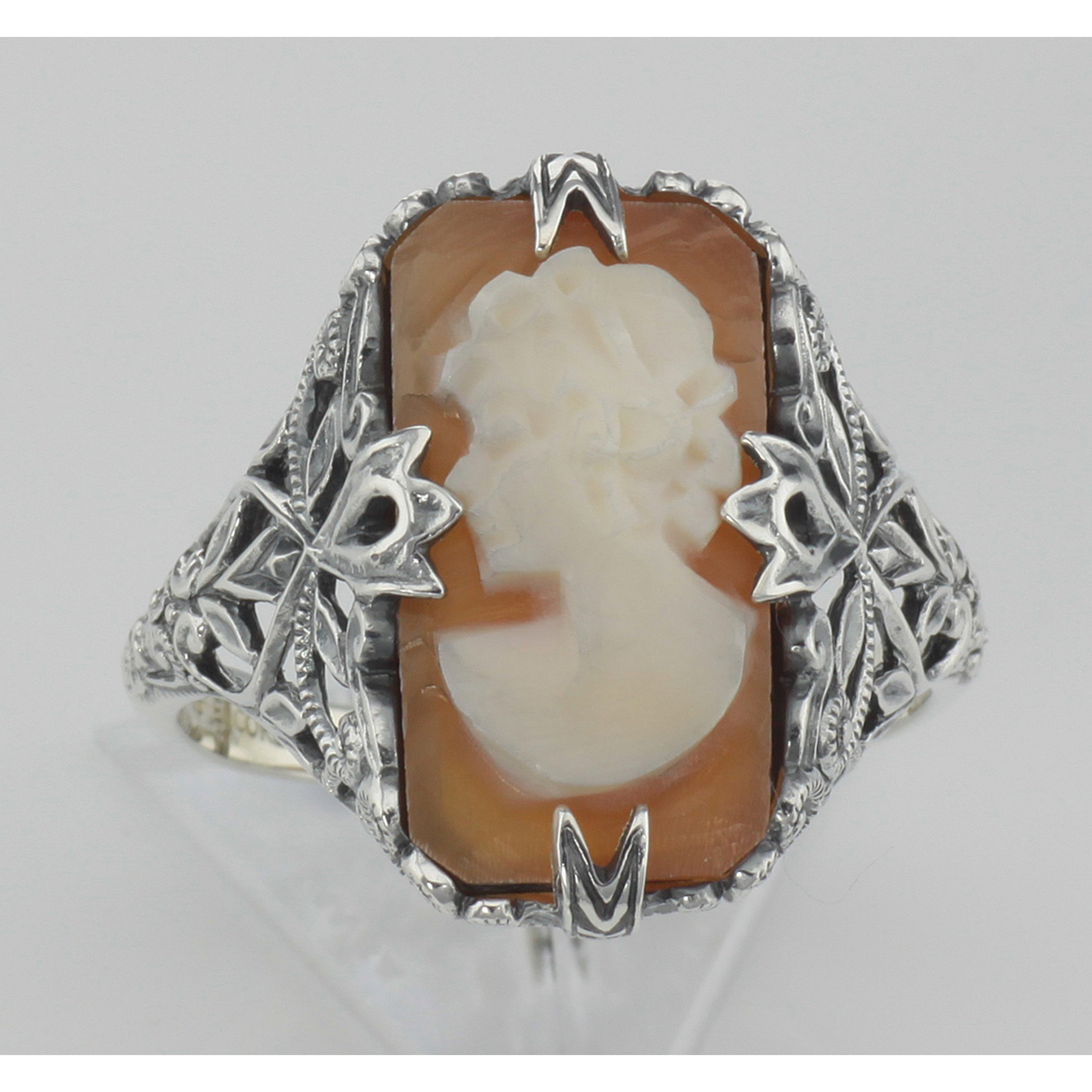 Back view of Hand Carved Italian Shell Cameo Filigree Ring showing 925 sterling silver hallmark