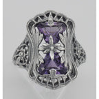 Detail view of Art Deco Style Amethyst Filigree Ring with Flower Design highlighting Amethyst