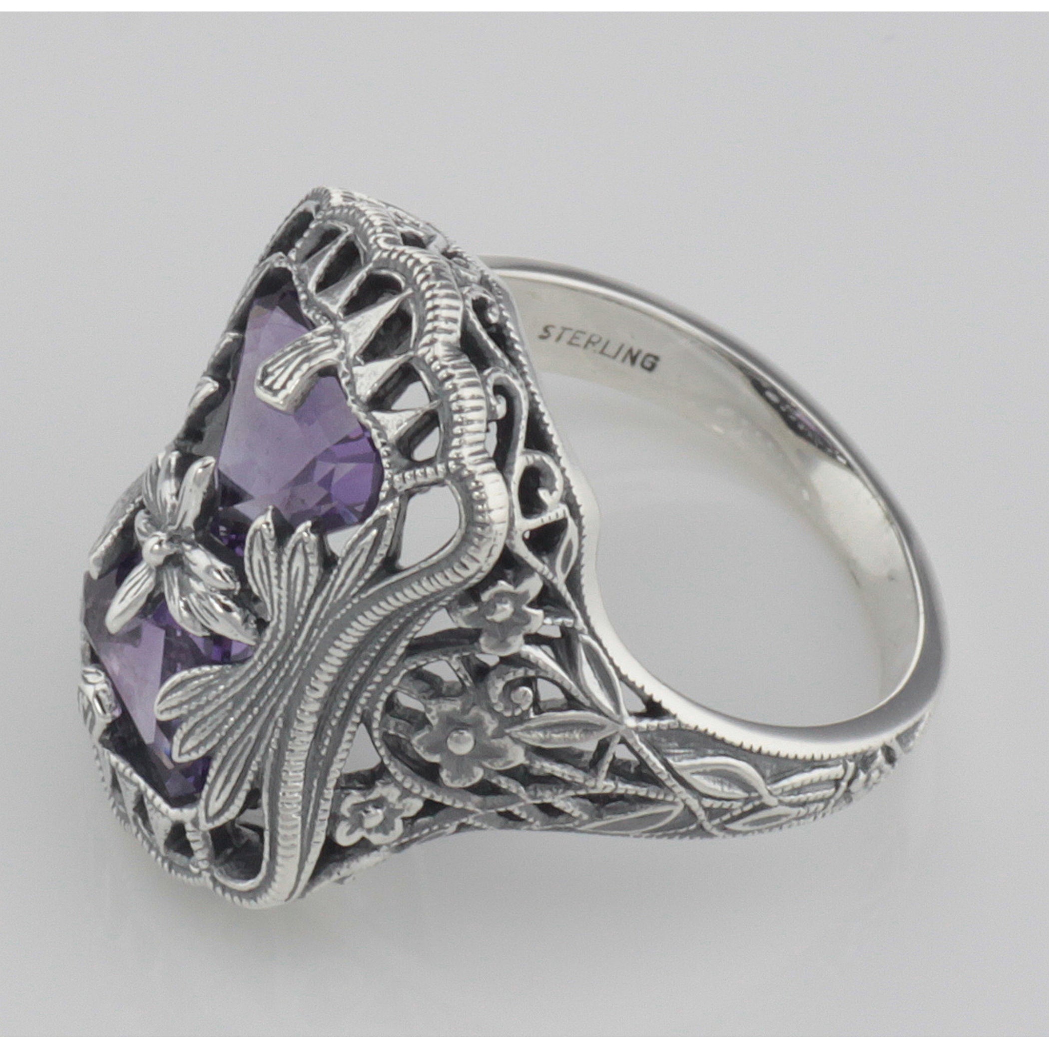 Back view of Art Deco Style Amethyst Filigree Ring with Flower Design showing 925 sterling silver hallmark