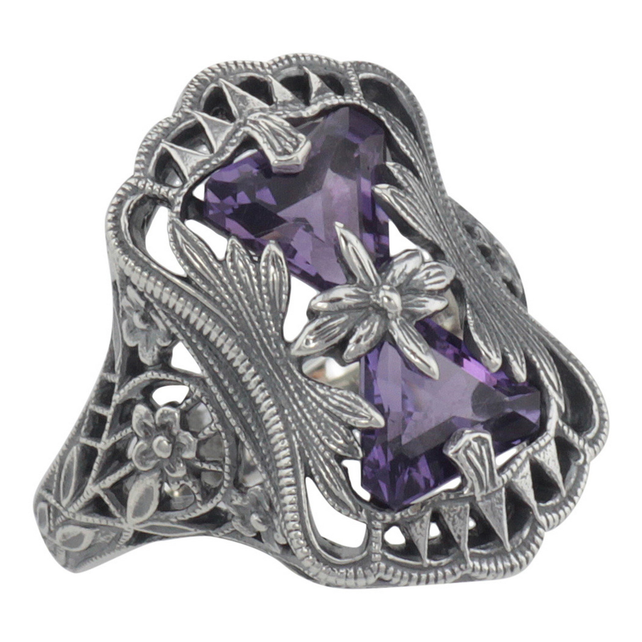 Art Deco style, Amethyst, sterling silver rings, front view