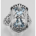Detail view of Art Deco Style Blue Topaz Ring with Flower Design highlighting Blue Topaz