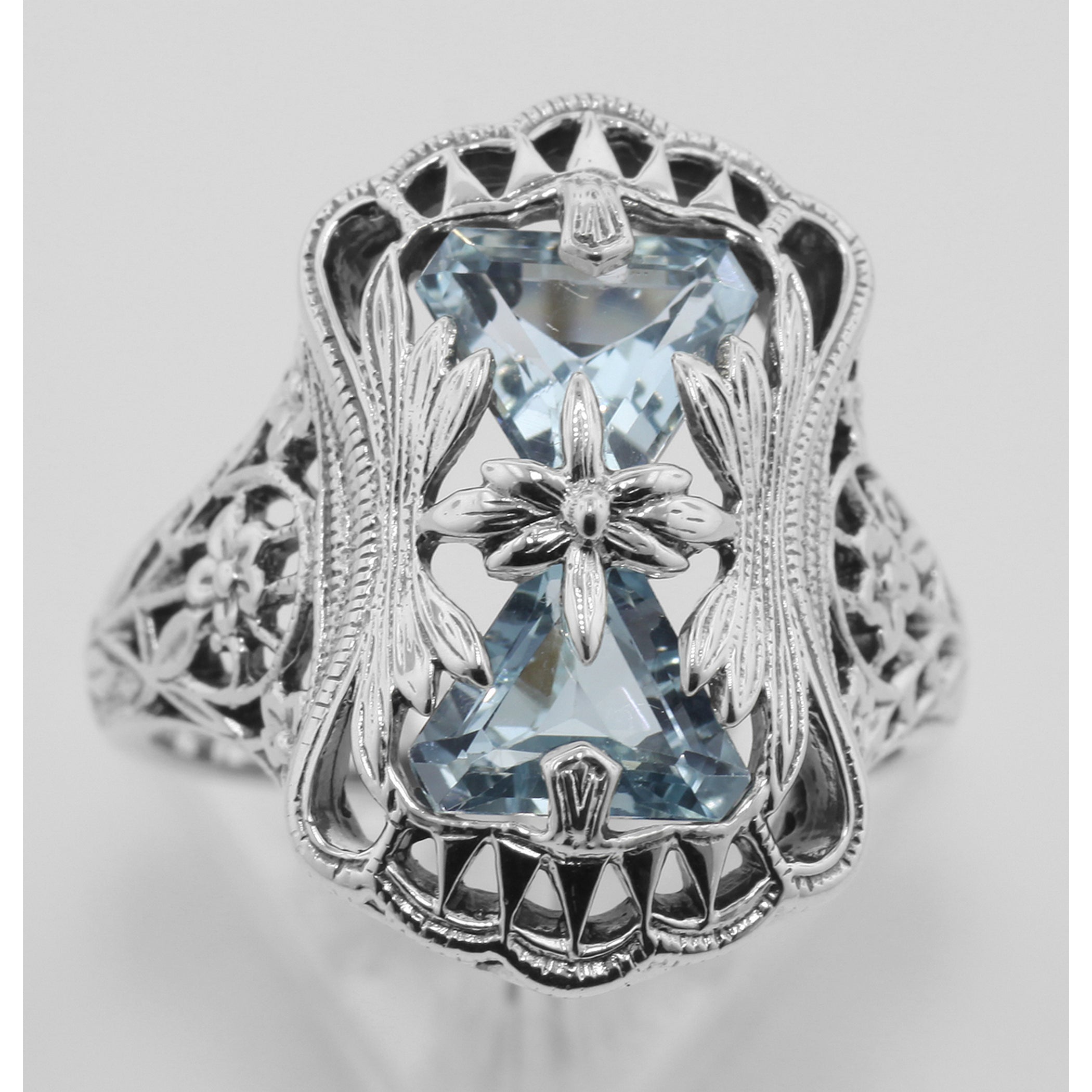 Detail view of Art Deco Style Blue Topaz Ring with Flower Design highlighting Blue Topaz