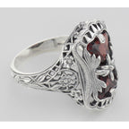 Back view of Antique Style Garnet Filigree Ring with Flower Design showing 925 sterling silver hallmark