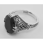 Detail view of 8 Carat Faceted Black Spinel Filigree Ring highlighting design details
