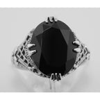 Back view of 8 Carat Faceted Black Spinel Filigree Ring showing 925 sterling silver hallmark and pin back