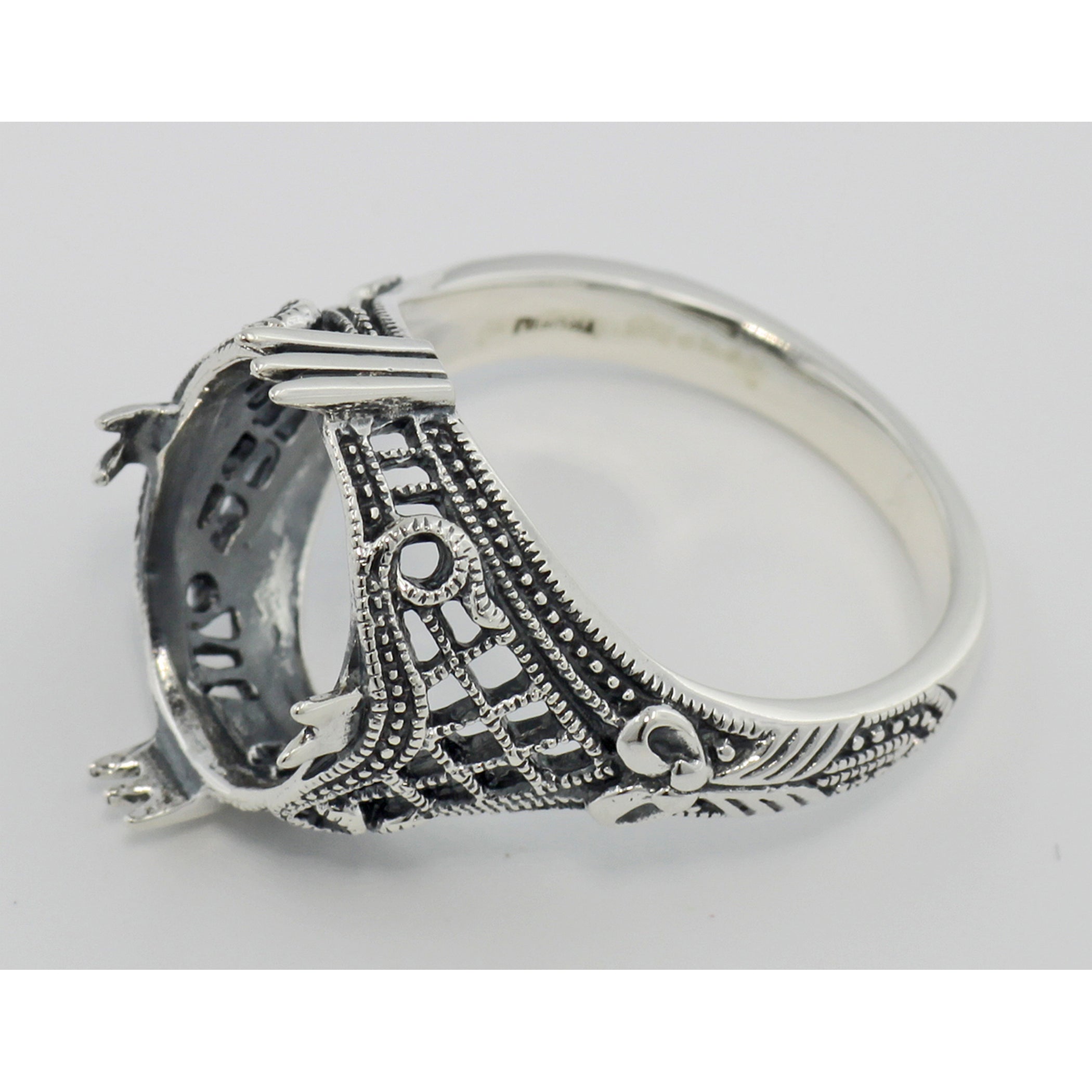 Detail view of Art Deco Semi Mount Filigree Ring will hold 11x14mm highlighting design details
