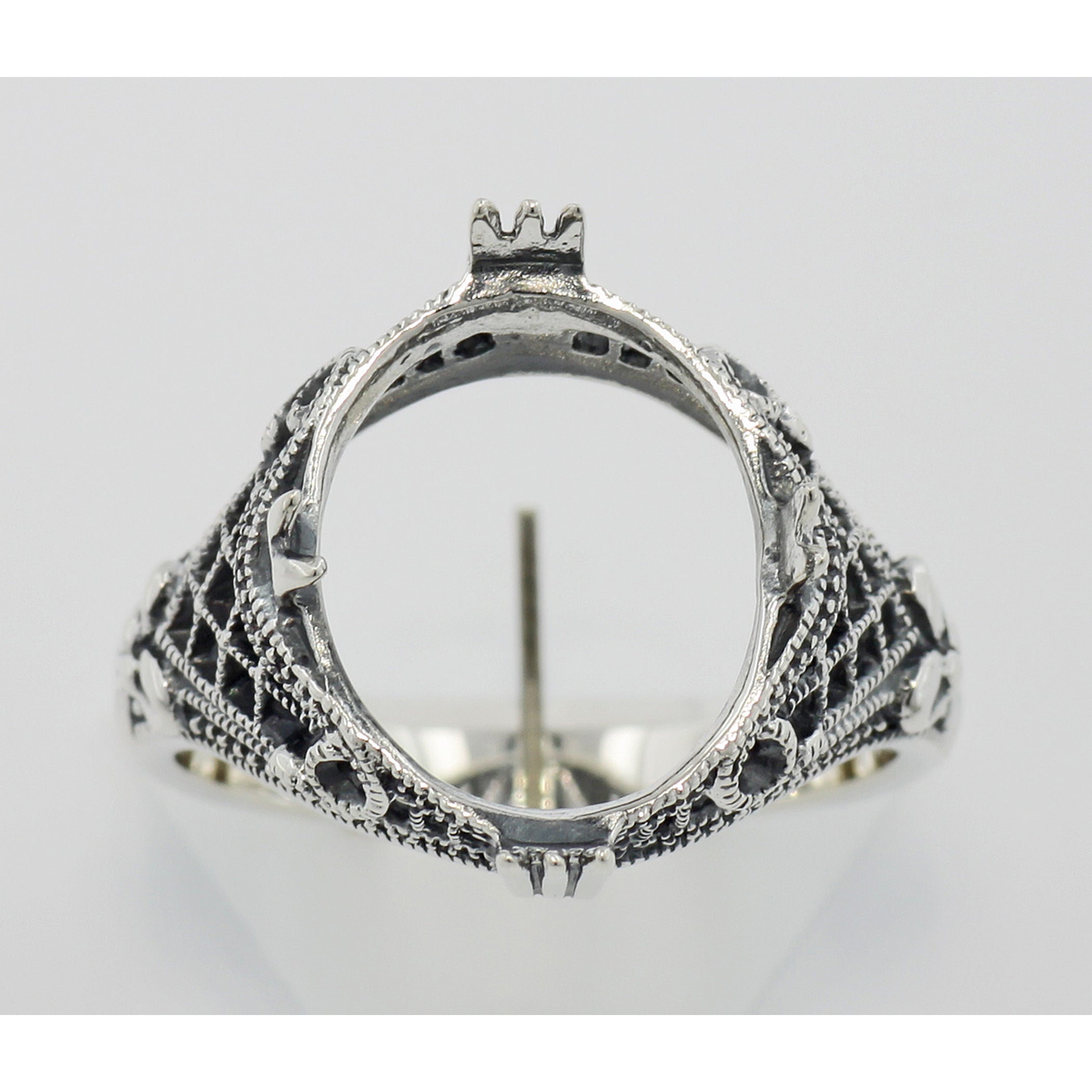 Back view of Art Deco Semi Mount Filigree Ring will hold 11x14mm showing 925 sterling silver hallmark
