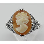 Detail view of Hand Carved Italian Cameo Filigree Ring Sterling Silver highlighting design details