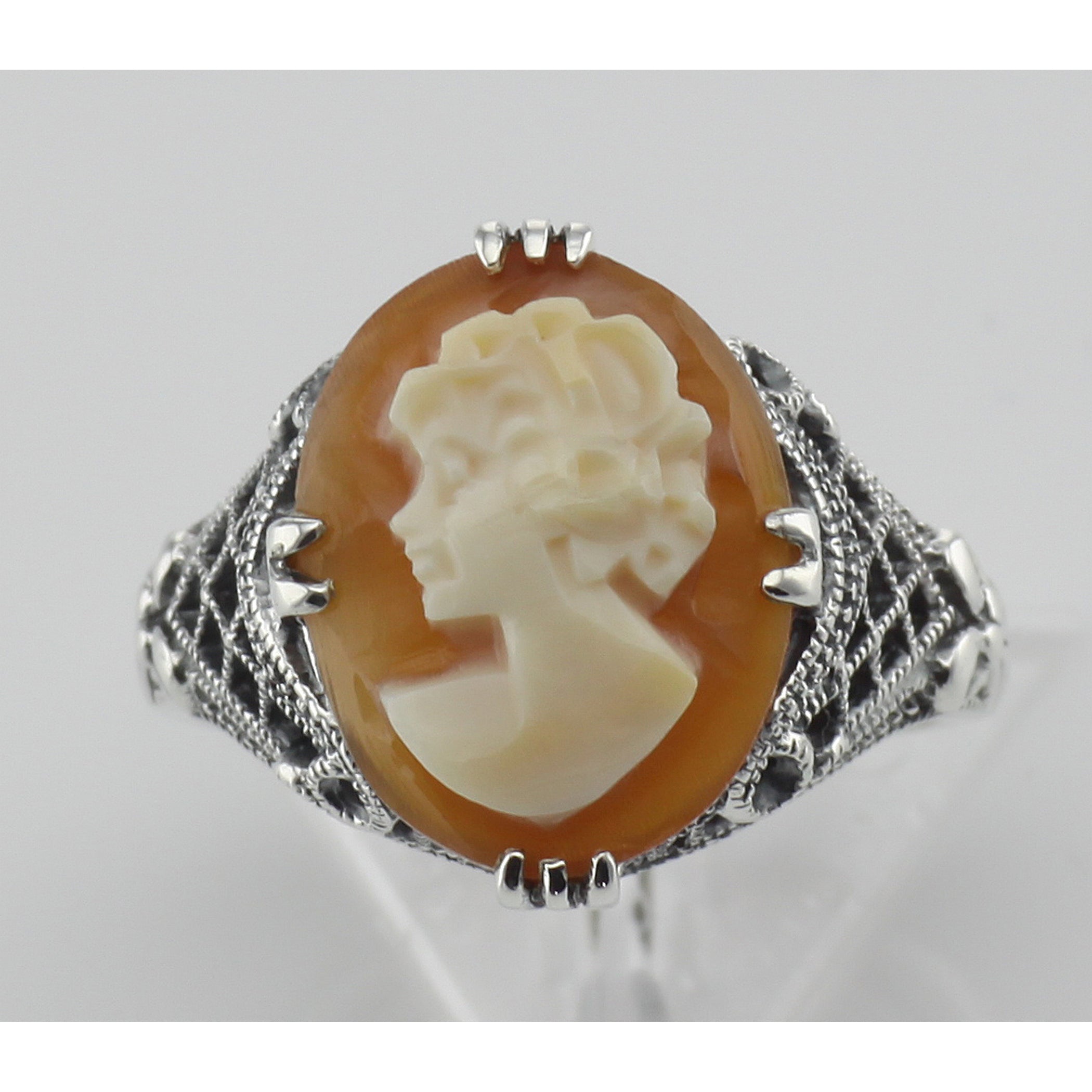 Detail view of Hand Carved Italian Cameo Filigree Ring Sterling Silver highlighting design details