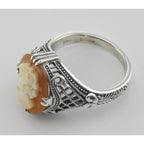 Back view of Hand Carved Italian Cameo Filigree Ring Sterling Silver showing 925 sterling silver hallmark
