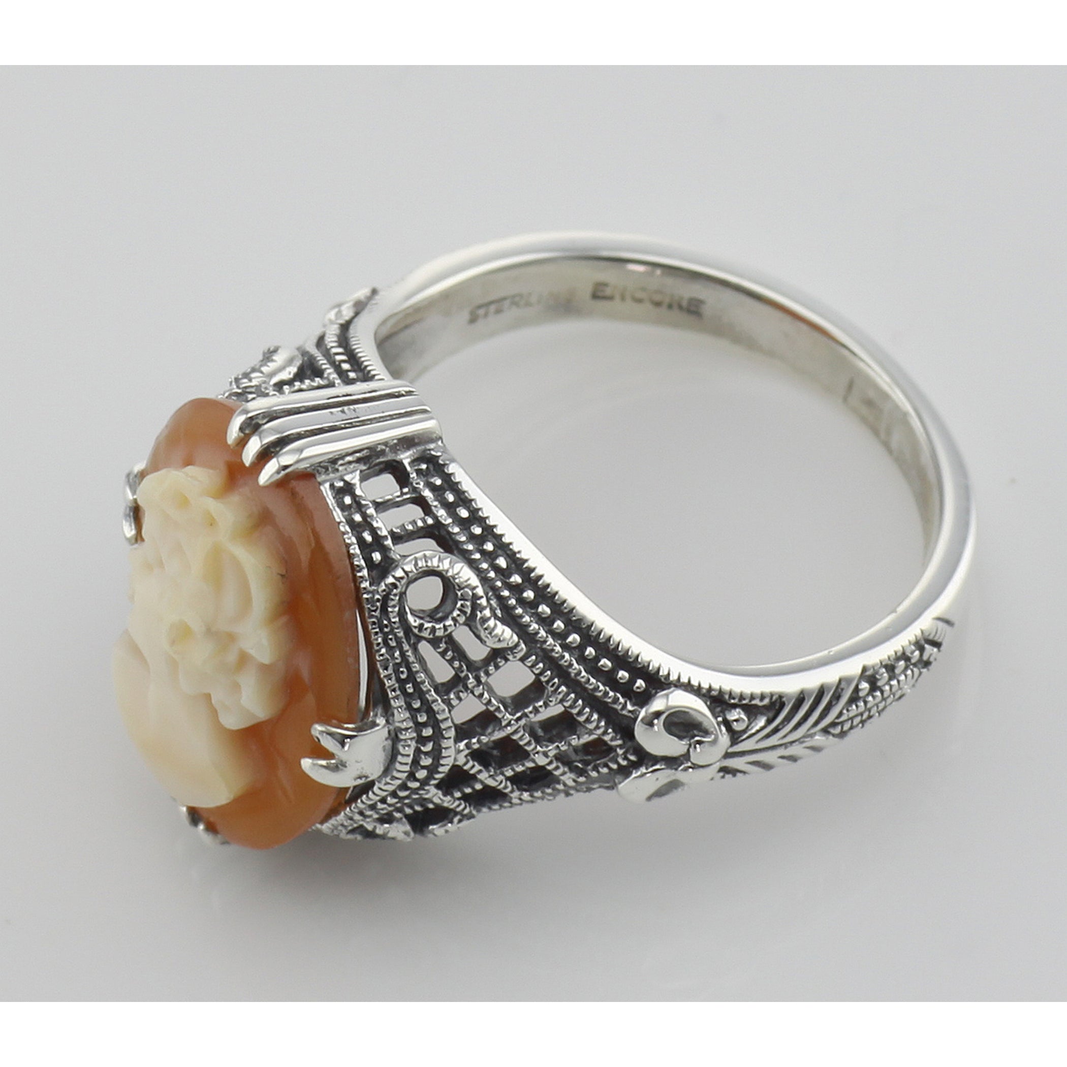 Back view of Hand Carved Italian Cameo Filigree Ring Sterling Silver showing 925 sterling silver hallmark
