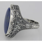 Detail view of Antique Style Black Onyx and Lapis Filigree Flip Ring highlighting Black Onyx, Lapis