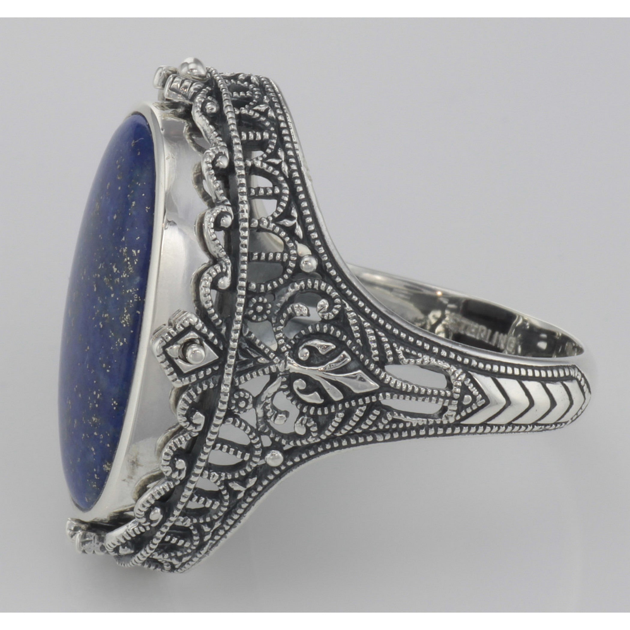 Detail view of Antique Style Black Onyx and Lapis Filigree Flip Ring highlighting Black Onyx, Lapis