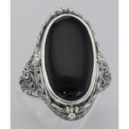 Detail view of Antique Style Black Onyx and Lapis Filigree Flip Ring highlighting Black Onyx, Lapis