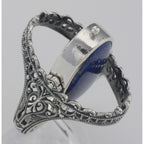 Back view of Antique Style Black Onyx and Lapis Filigree Flip Ring showing 925 sterling silver hallmark