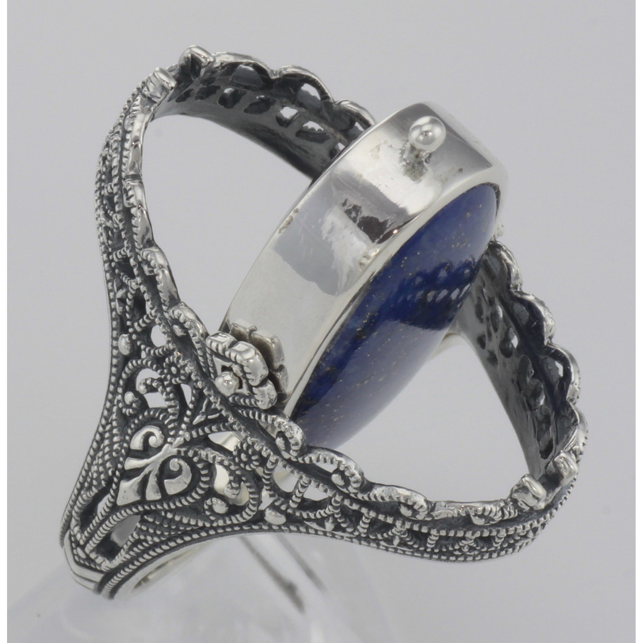 Back view of Antique Style Black Onyx and Lapis Filigree Flip Ring showing 925 sterling silver hallmark