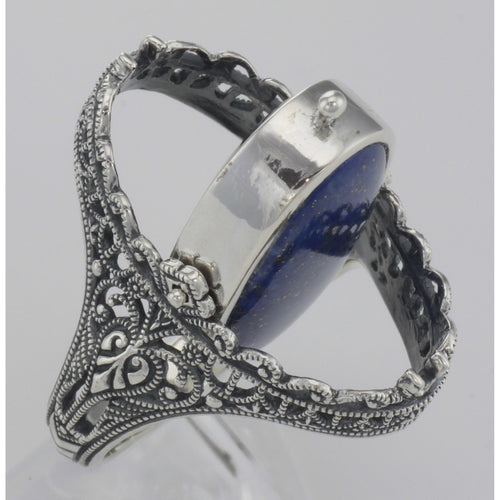 Back view of Antique Style Black Onyx and Lapis Filigree Flip Ring showing 925 sterling silver hallmark