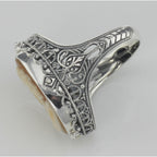 Detail view of Hand Carved Italian Shell Cameo / Onyx Filigree Flip Ring highlighting Onyx