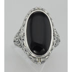 Detail view of Hand Carved Italian Shell Cameo / Onyx Filigree Flip Ring highlighting Onyx