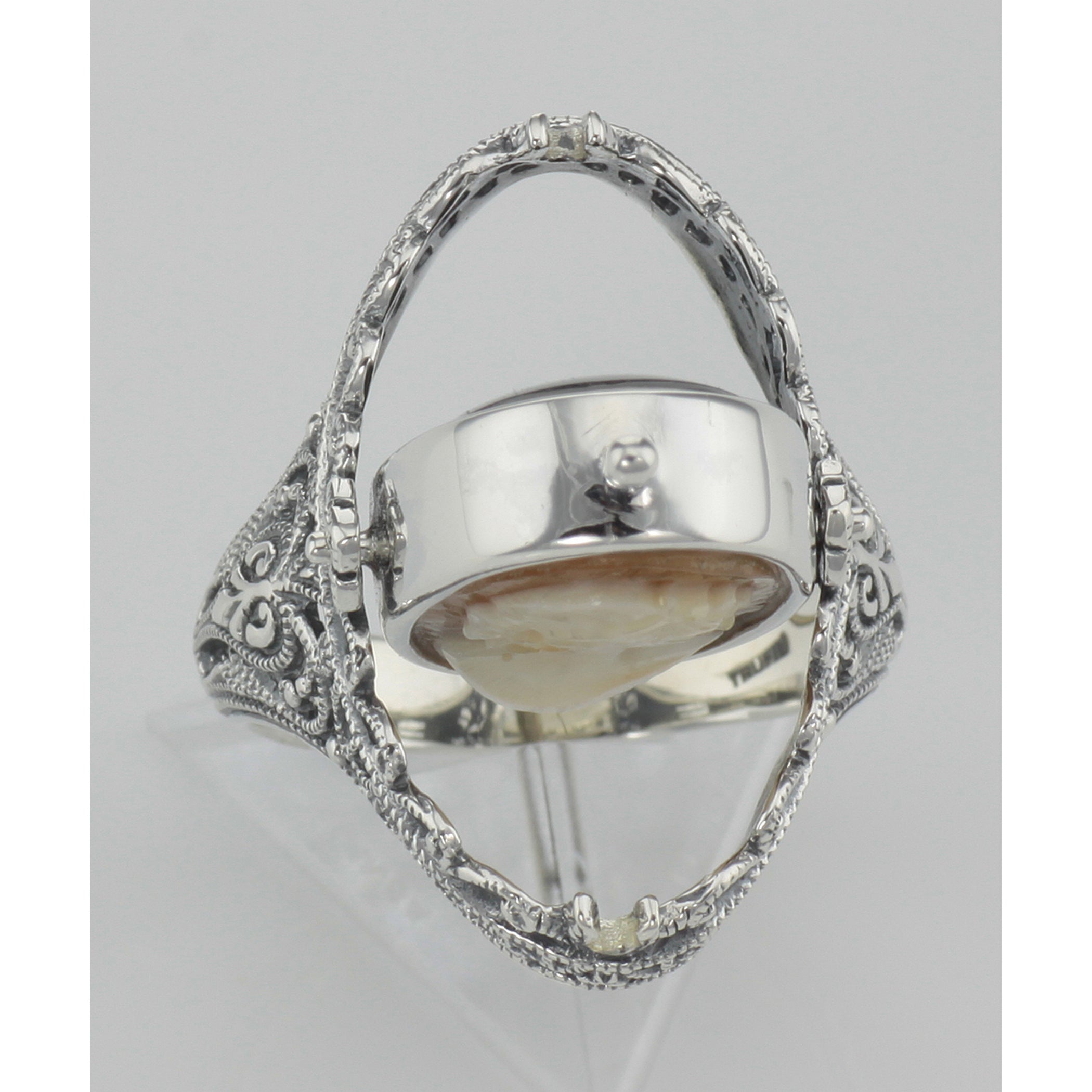 Back view of Hand Carved Italian Shell Cameo / Onyx Filigree Flip Ring showing 925 sterling silver hallmark