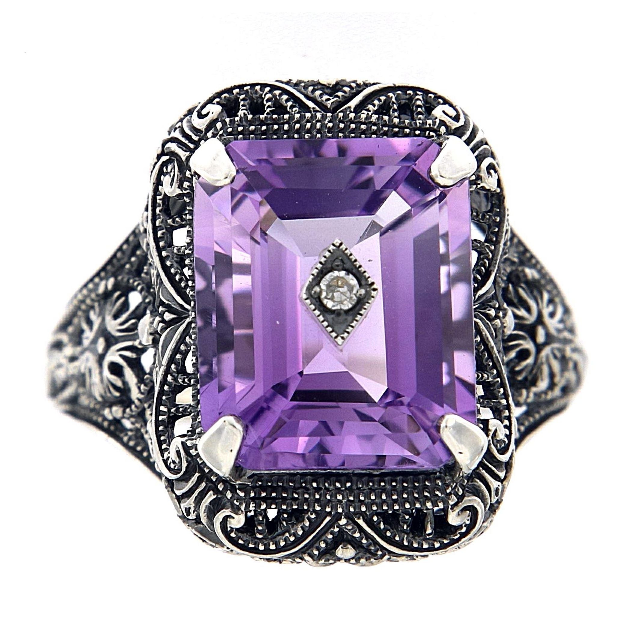 Detail view of Art Deco Style Amethyst and Diamond Ring highlighting Amethyst, Diamond