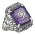 Art Deco style, Amethyst, Diamond, sterling silver rings, front view