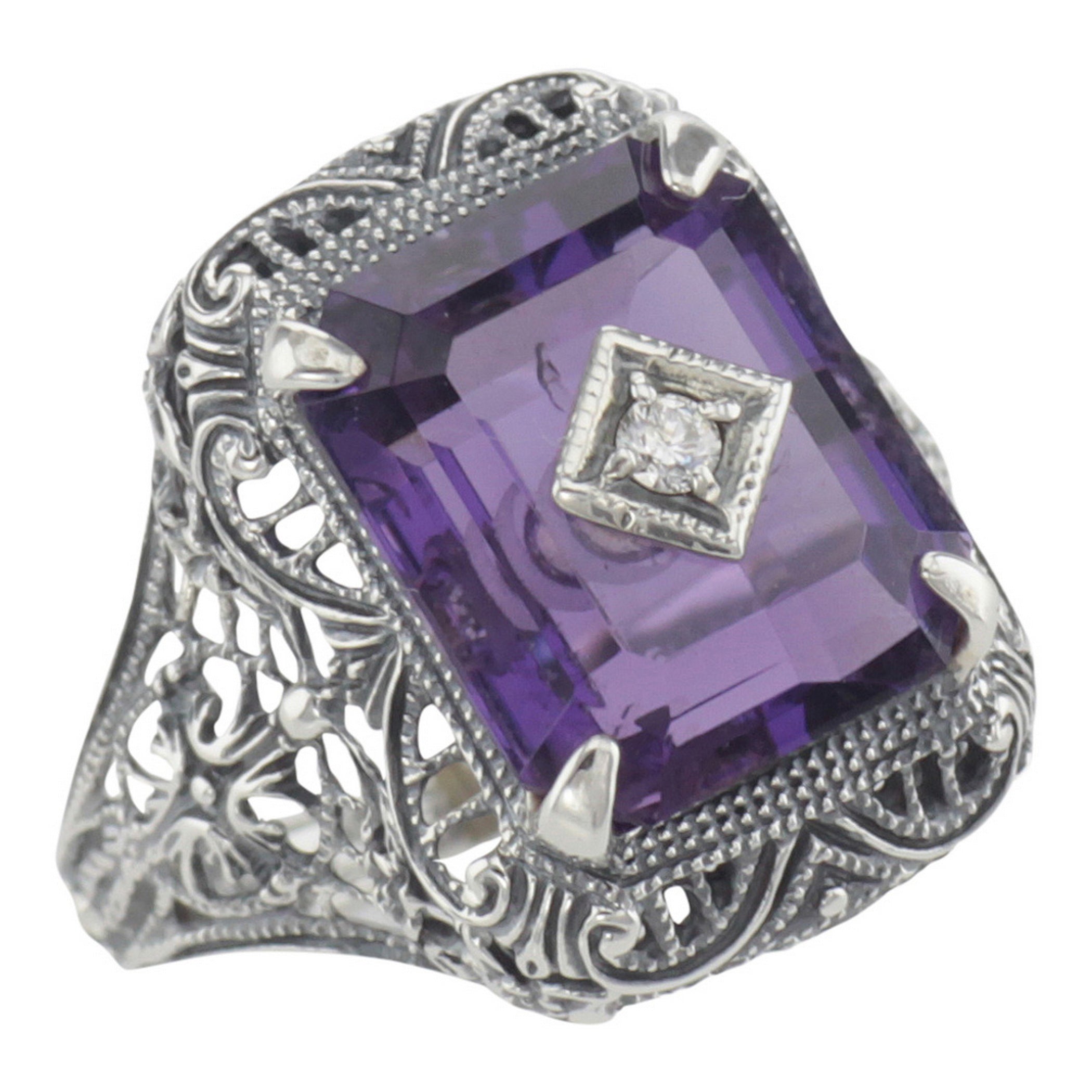 Art Deco style, Amethyst, Diamond, sterling silver rings, front view