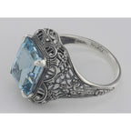 Back view of Art Deco Style Genuine Emerald Cut Blue Topaz Ring showing 925 sterling silver hallmark