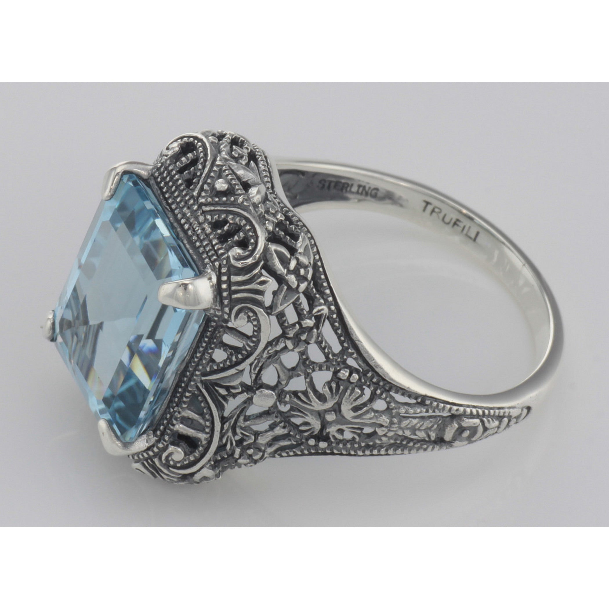 Back view of Art Deco Style Genuine Emerald Cut Blue Topaz Ring showing 925 sterling silver hallmark