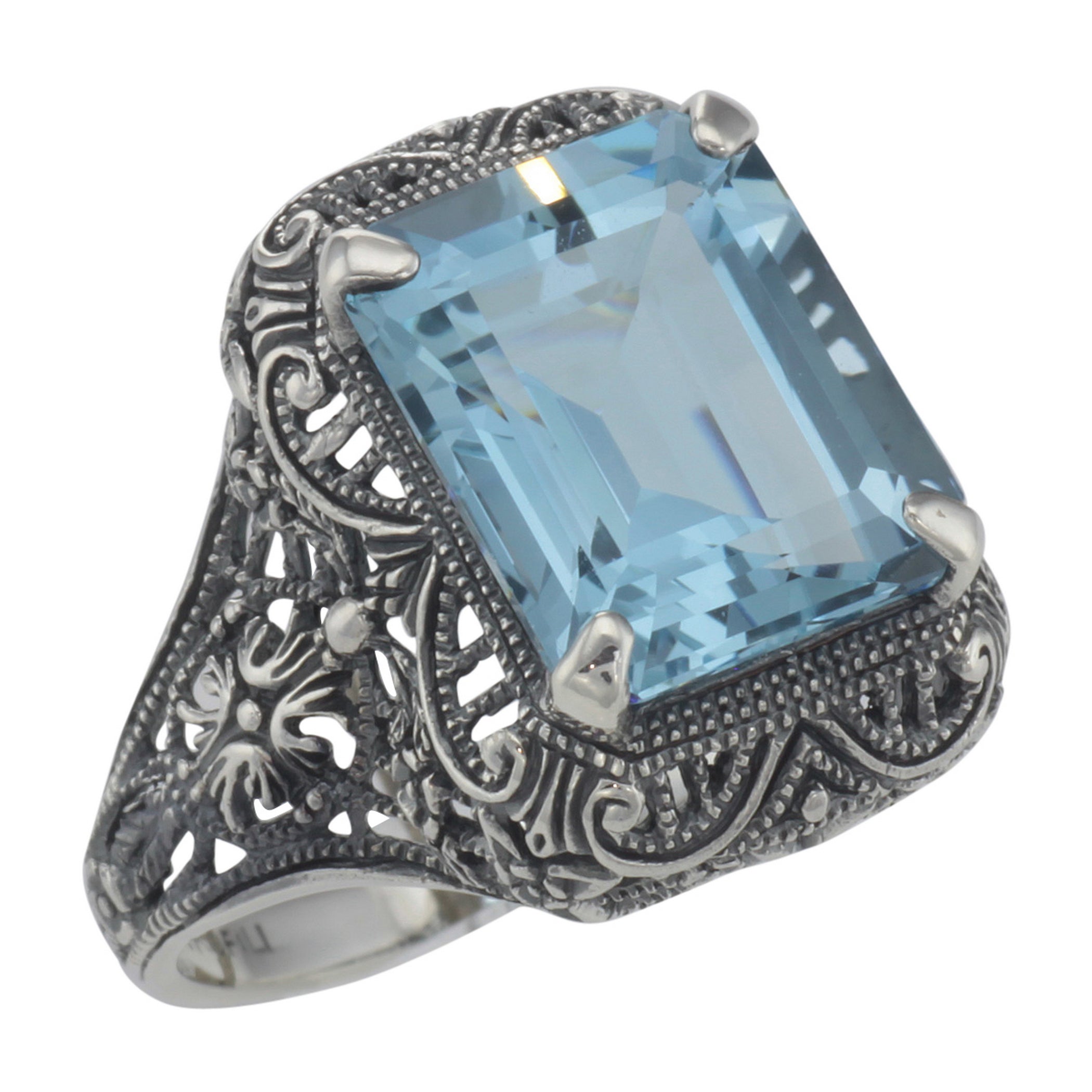 Art Deco style, Blue Topaz, Emerald, sterling silver rings, front view