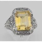 Detail view of Art Deco Style Genuine Golden Citrine Filigree Ring highlighting Citrine
