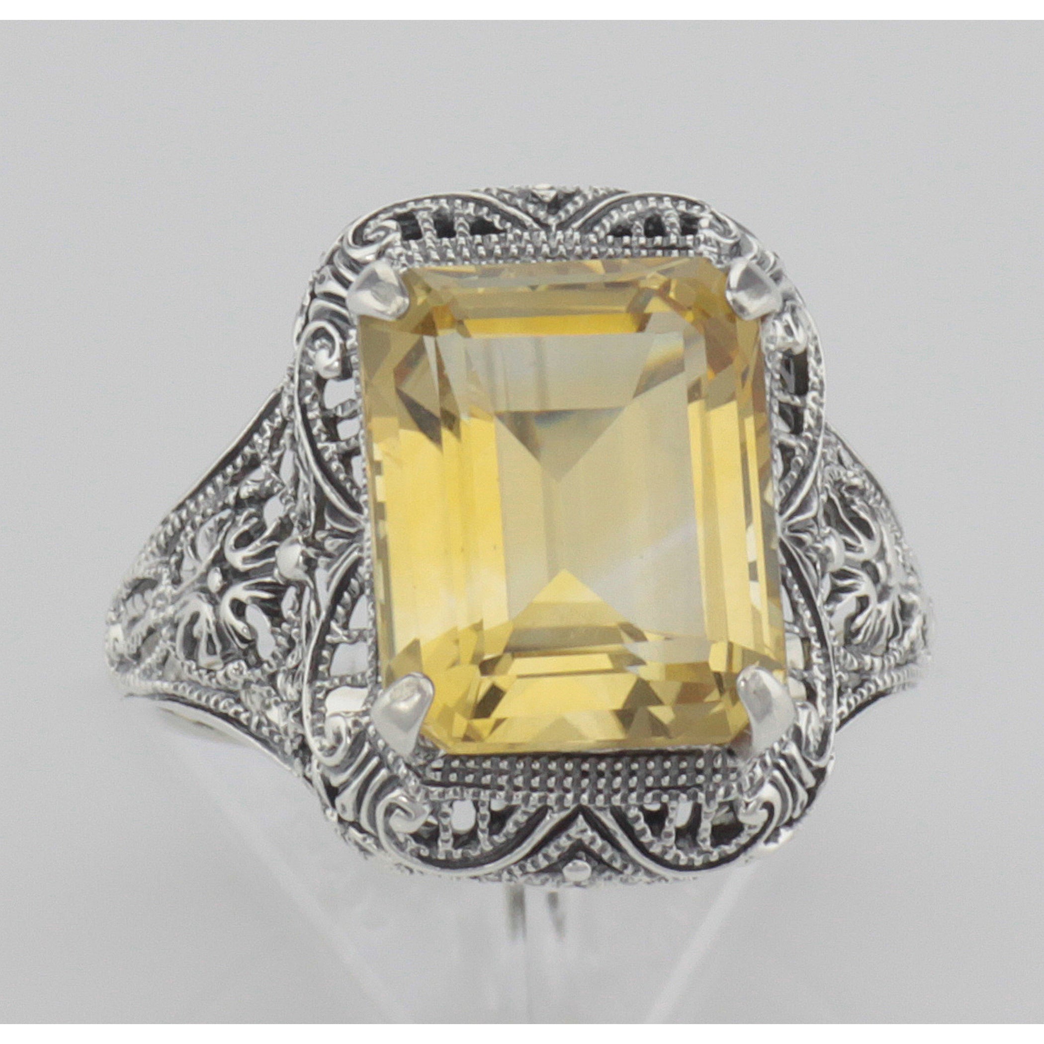 Detail view of Art Deco Style Genuine Golden Citrine Filigree Ring highlighting Citrine