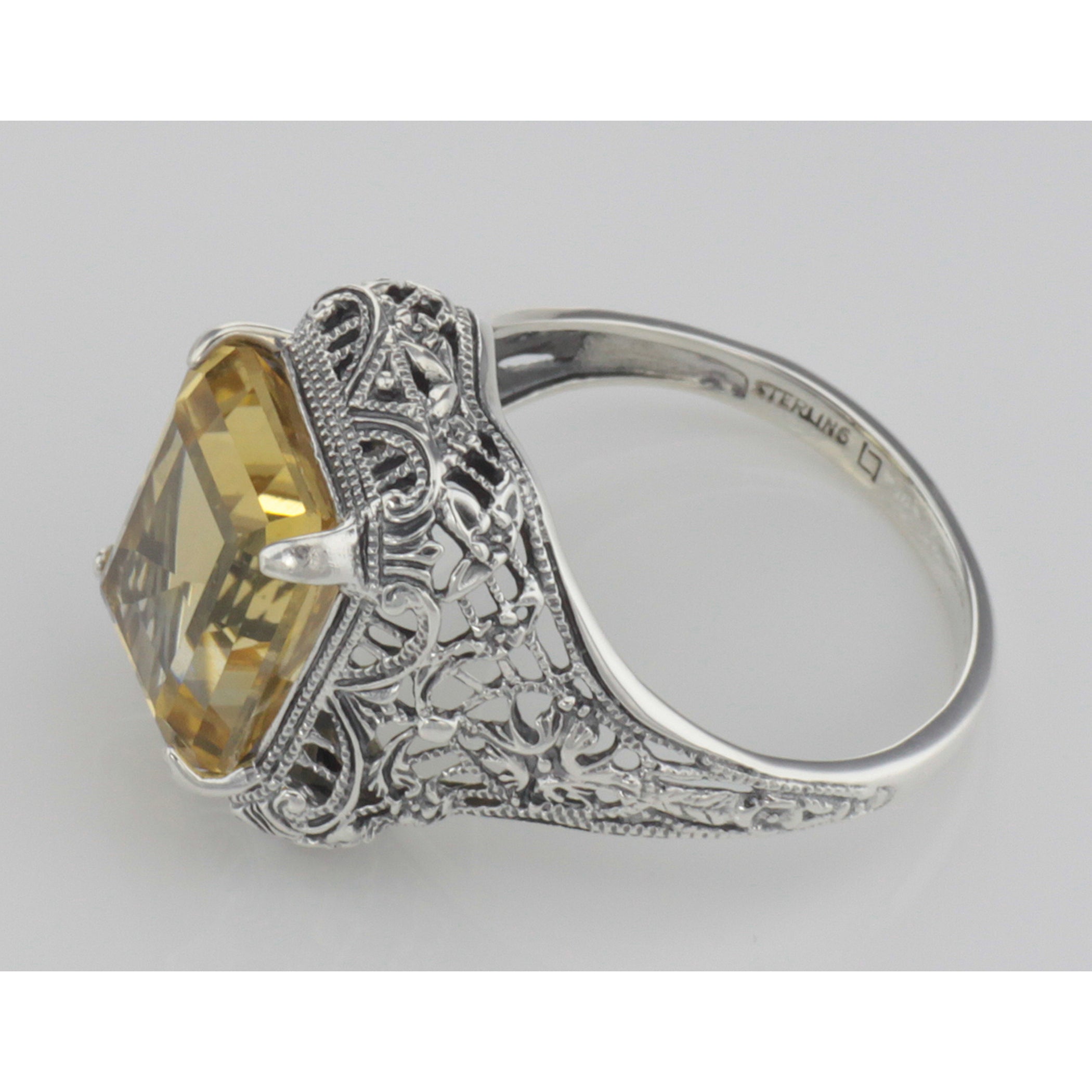 Back view of Art Deco Style Genuine Golden Citrine Filigree Ring showing 925 sterling silver hallmark