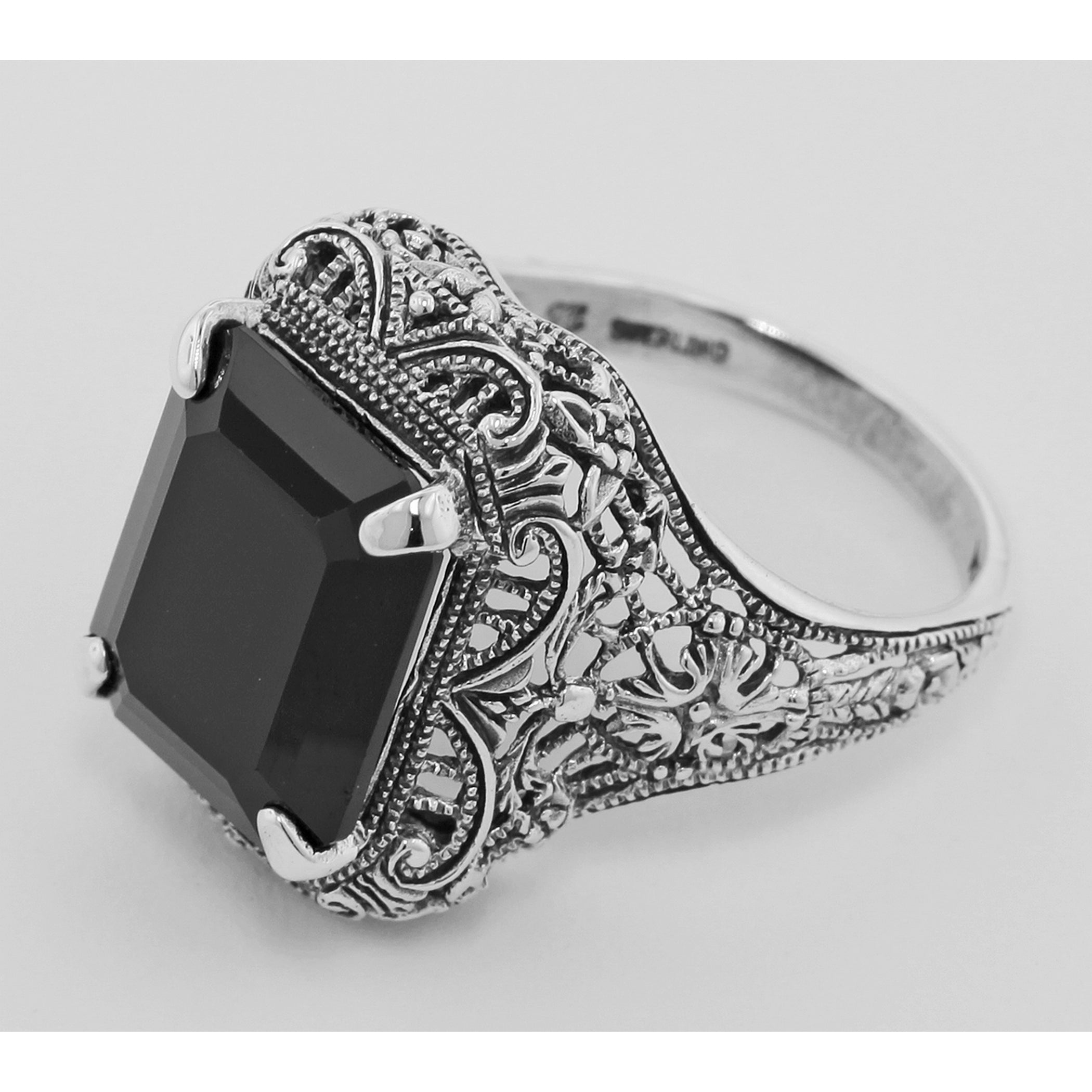 Back view of Onyx Filigree Ring showing 925 sterling silver hallmark