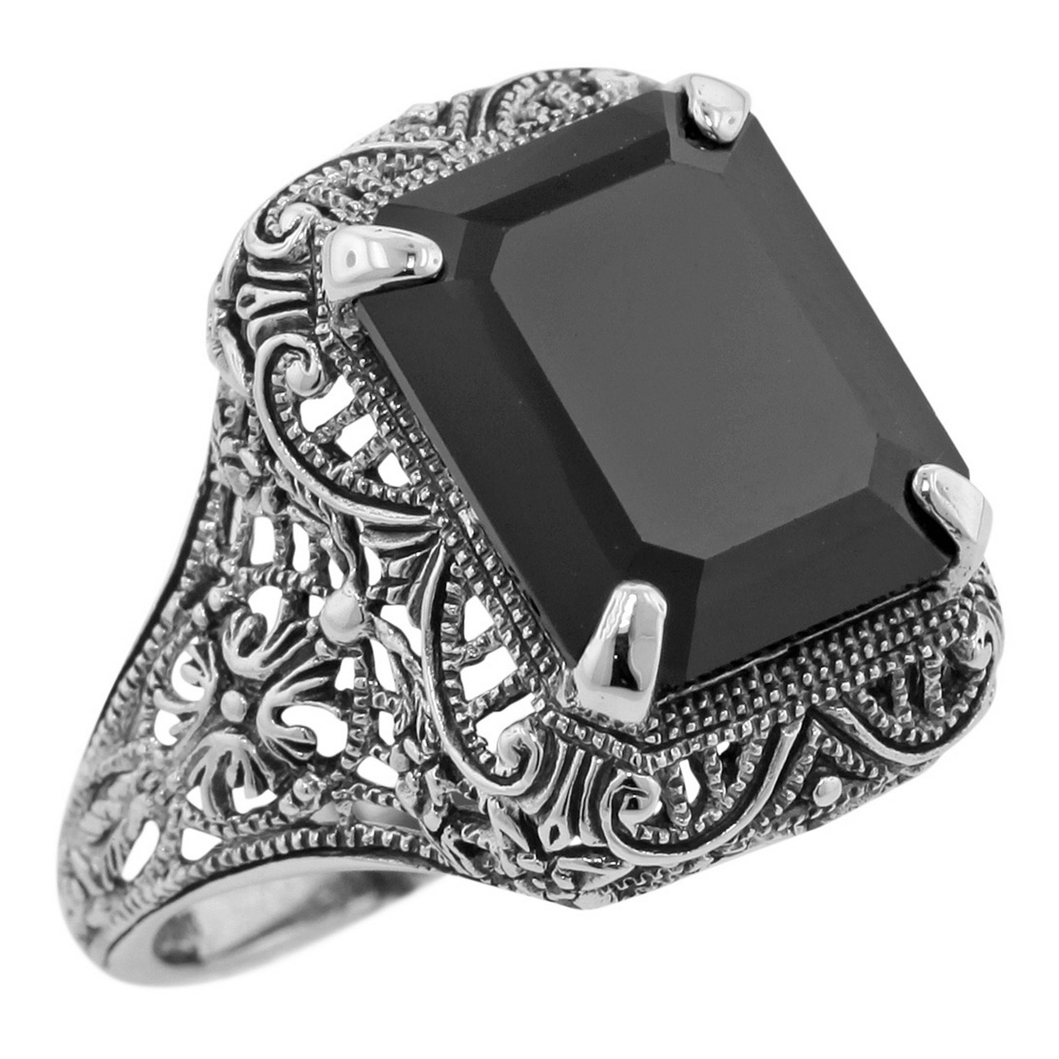 Filigree, Onyx, sterling silver rings, front view