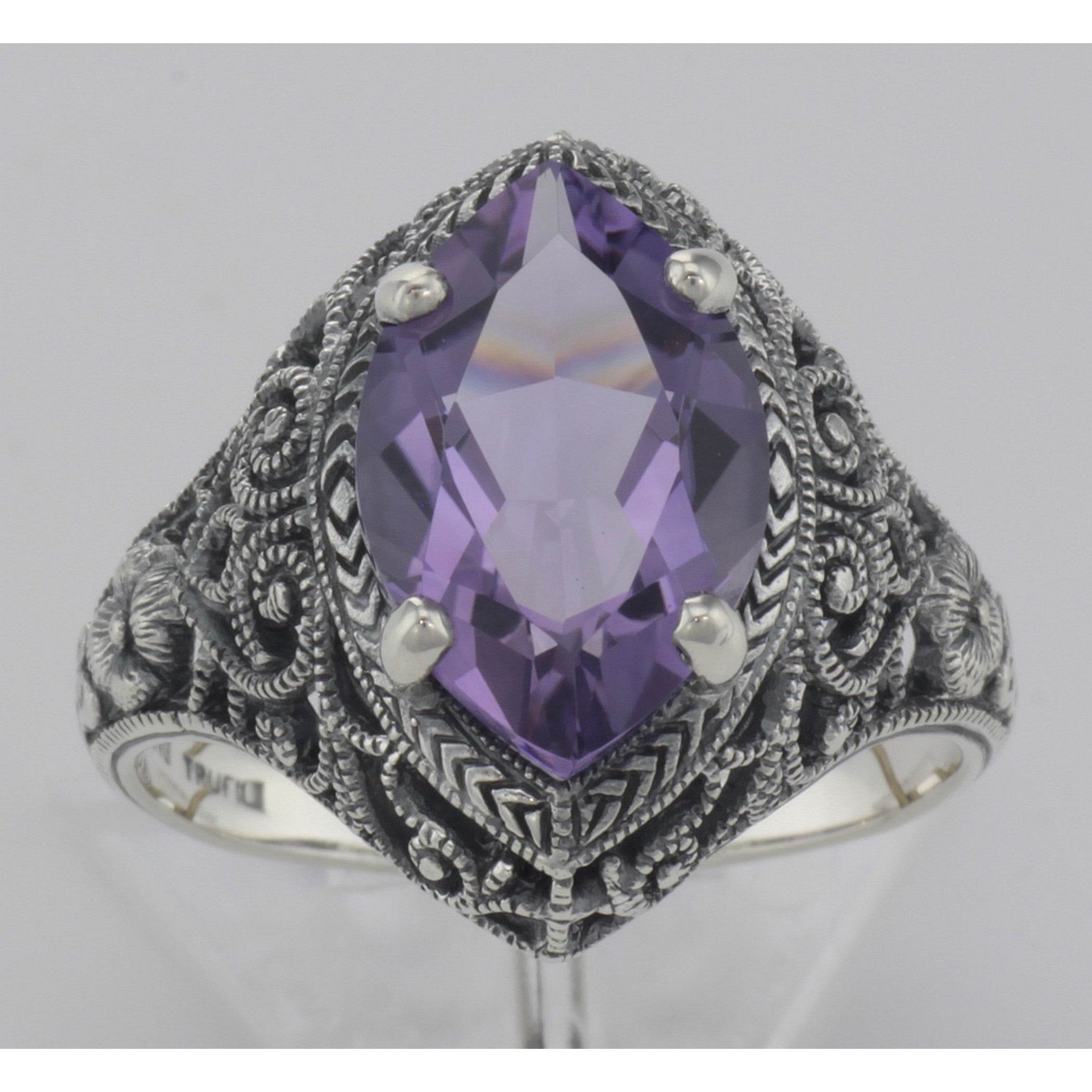Detail view of Victorian Style Amethyst Filigree Ring Sterling Silver highlighting Amethyst