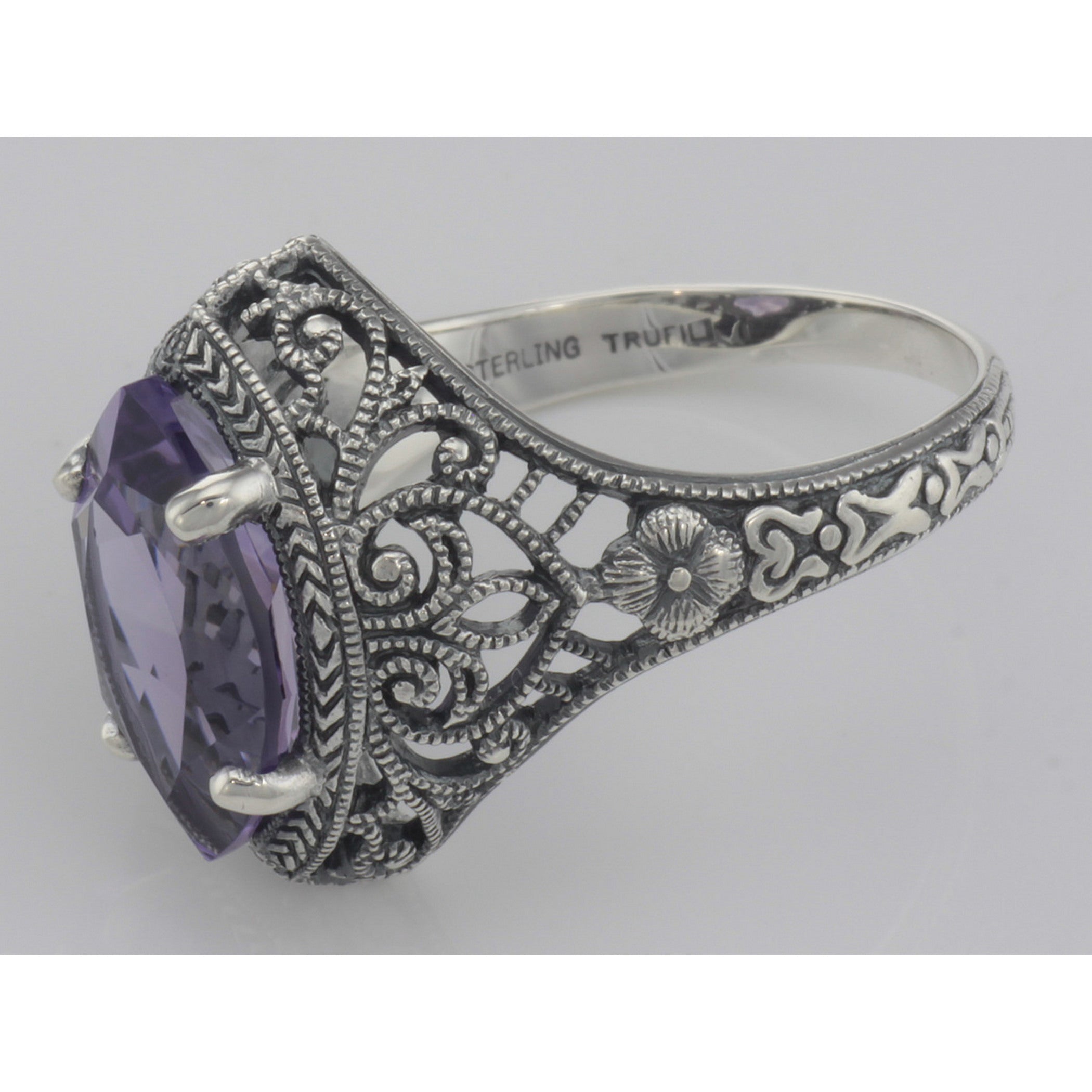 Back view of Victorian Style Amethyst Filigree Ring Sterling Silver showing 925 sterling silver hallmark