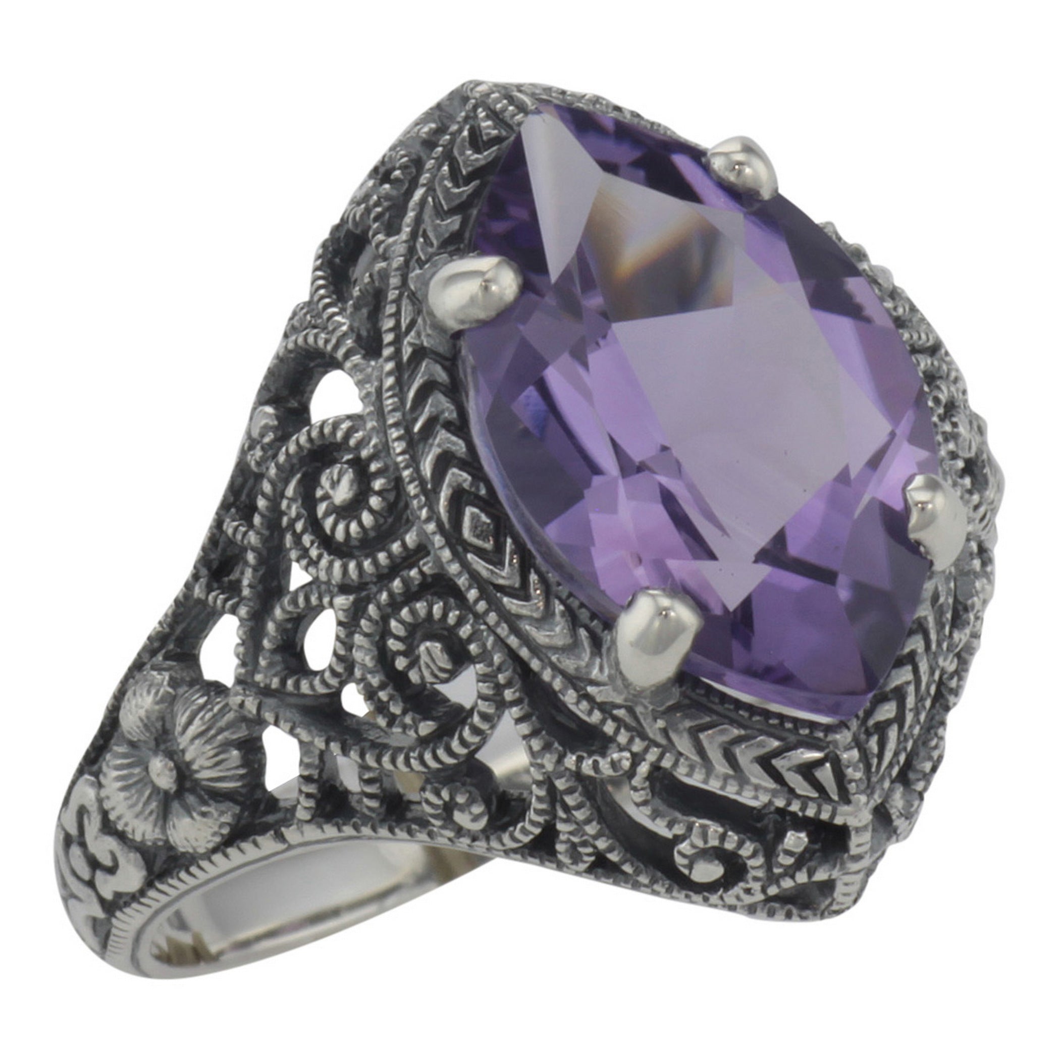 Victorian style, Amethyst, sterling silver rings, front view