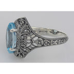 Back view of Beautiful 3 Carat Victorian Style Blue Topaz Filigree Ring Sterling Silver showing 925 sterling silver hallmark